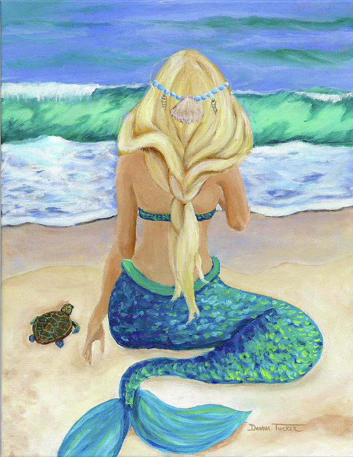 Mermaid and Turtle Painting by Donna Tucker
