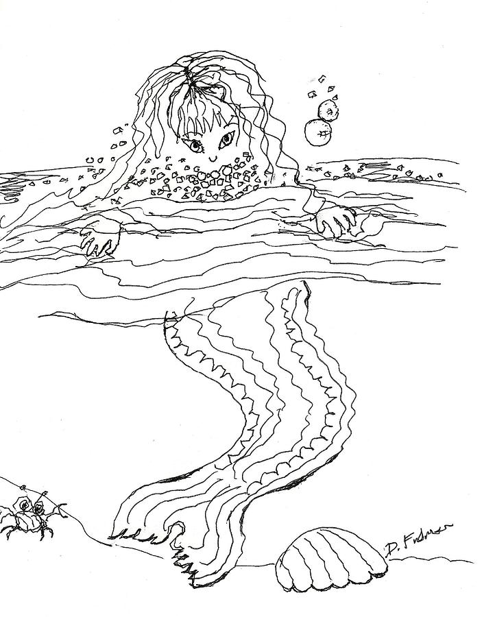 Mermaid Bubblebath bw Drawing by Denise F Fulmer