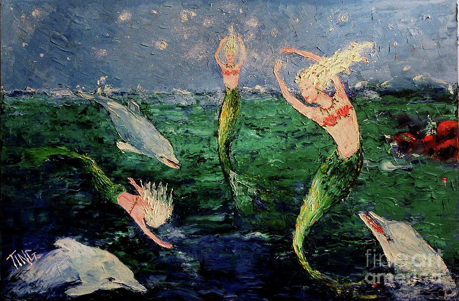 Mermaid Dance with Dolphins Painting by Doris Blessington