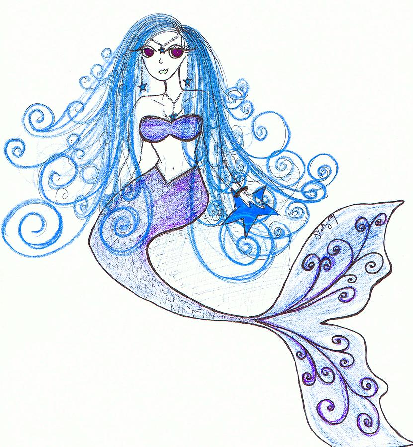Mermaid Drawing in Blue and Purple Drawing by Shannon Keavy