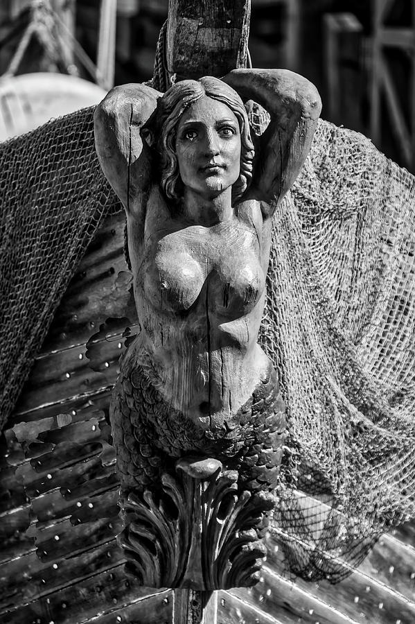 Mermaid Figurehead In Black And White Photograph by Garry Gay