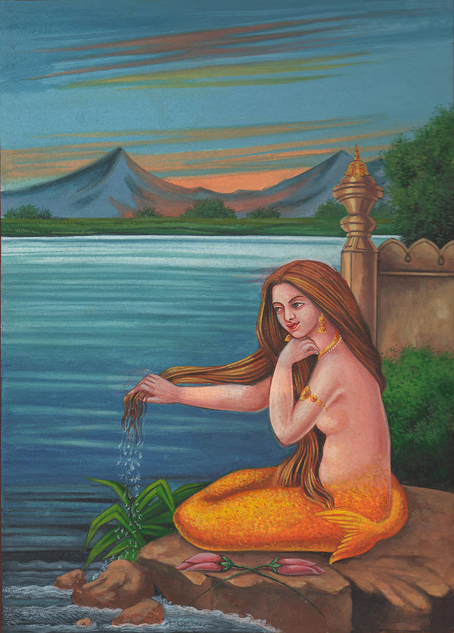 Mermaid Fish Woman Painting Mysterious Watercolor Artwork Painting by A K Mundra