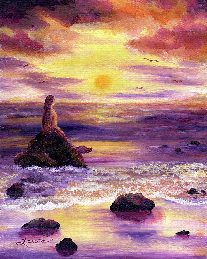 Mermaid in Purple Sunset Painting by Laura Iverson