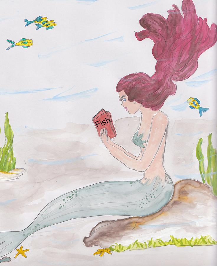 Mermaid Reading Drawing by Rosalie Scanlon