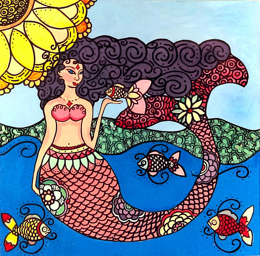 Mermaid with Fish Painting by Caroline Sainis - Fine Art America