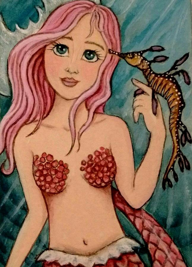 Sea Dragon Painting - Mermaid with Sea Dragon friend by Debrah Nelson