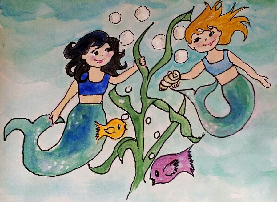 Mermaids in Blue Painting by Cheryl Wallace