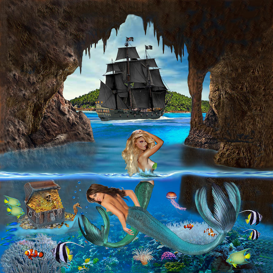 Mermaids Pirate Cave Digital Art by Glenn Holbrook