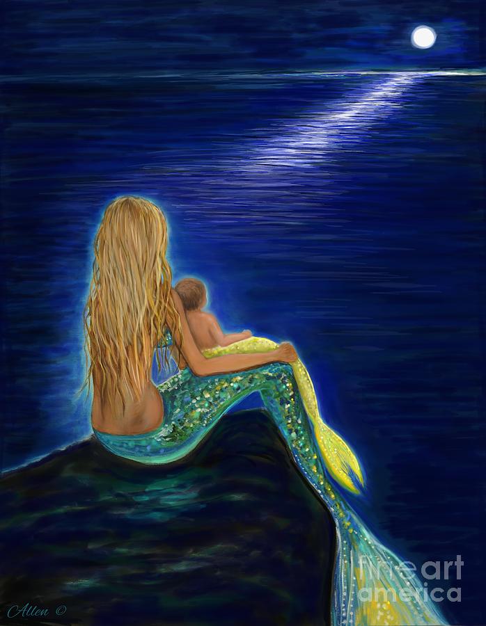 Mermaids Sweet Babies Moon Painting by Leslie Allen