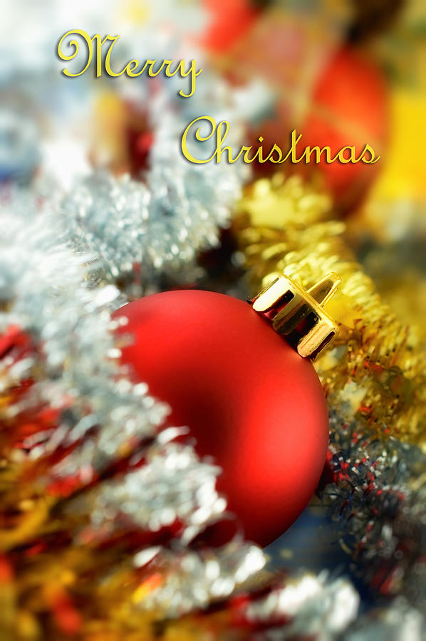 Merry Christmas card with red bauble Photograph by Silvia Ganora