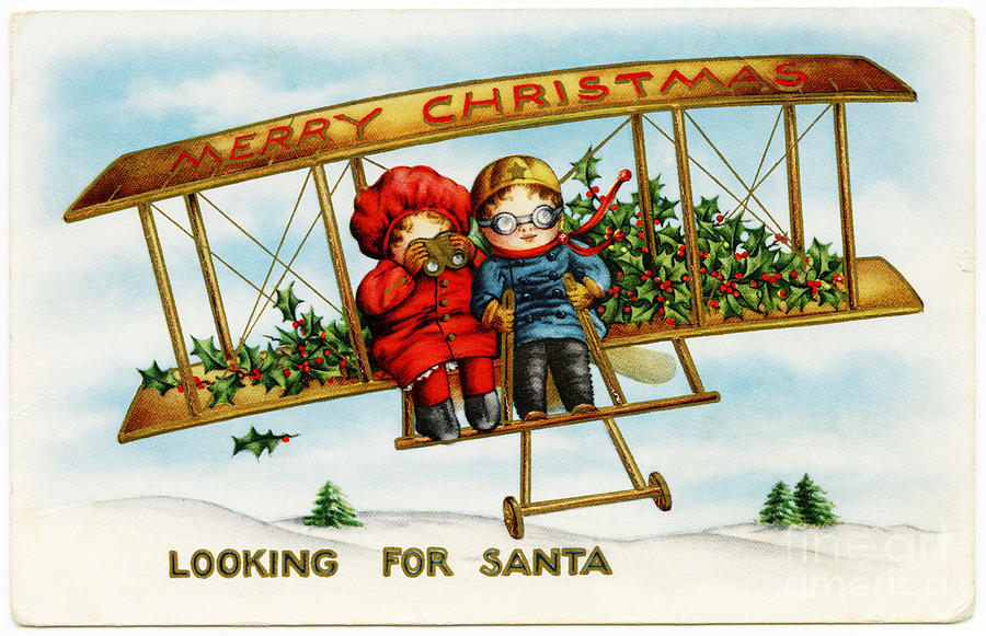 Merry Christmas looking for Santa in biplane vintage Painting by Vintage Collectables