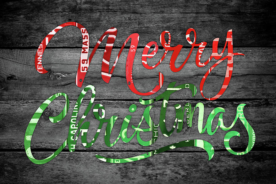 Christmas Mixed Media - Merry Christmas Recycled Vintage License Plate Art Green and Red Wording by Design Turnpike