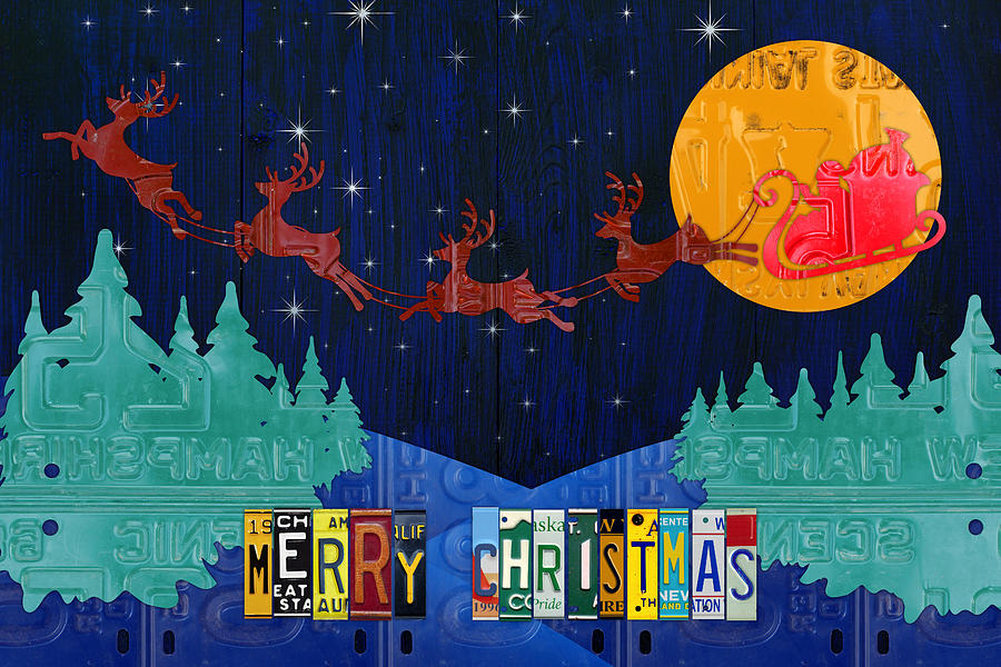 Christmas Mixed Media - Merry Christmas Santa and His Sleigh Recycled Vintage License Plate Art by Design Turnpike