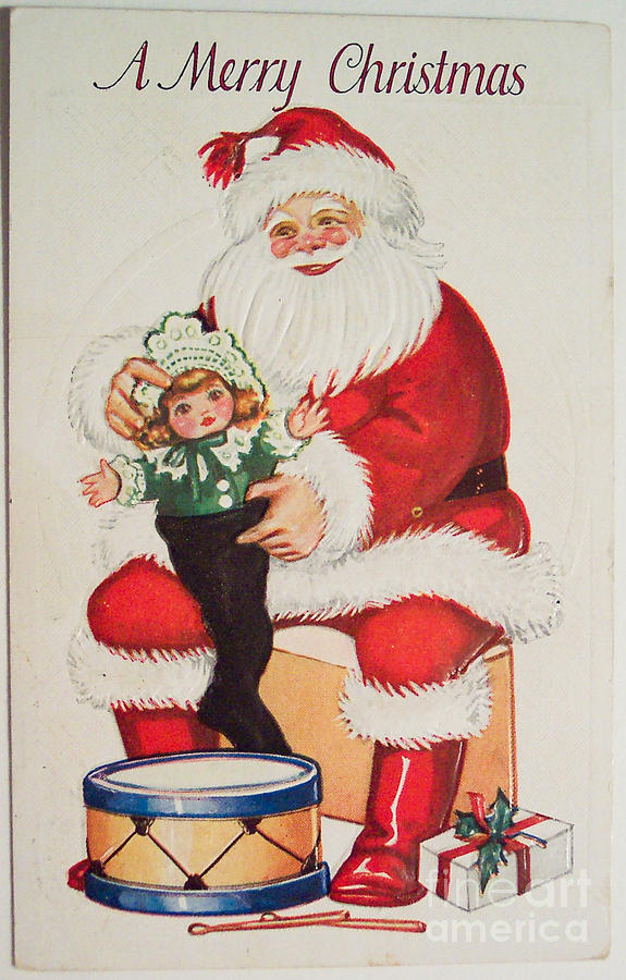 Merry Christmas Santa pulls doll from his sack vintage card Painting by Vintage Collectables
