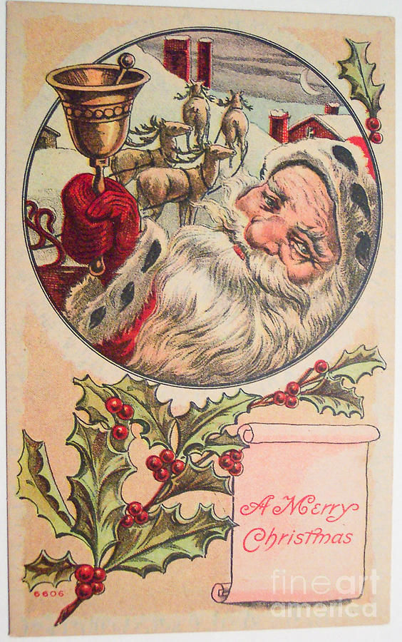 Merry Christmas Santa rings his bell vintage card Painting by Vintage Collectables