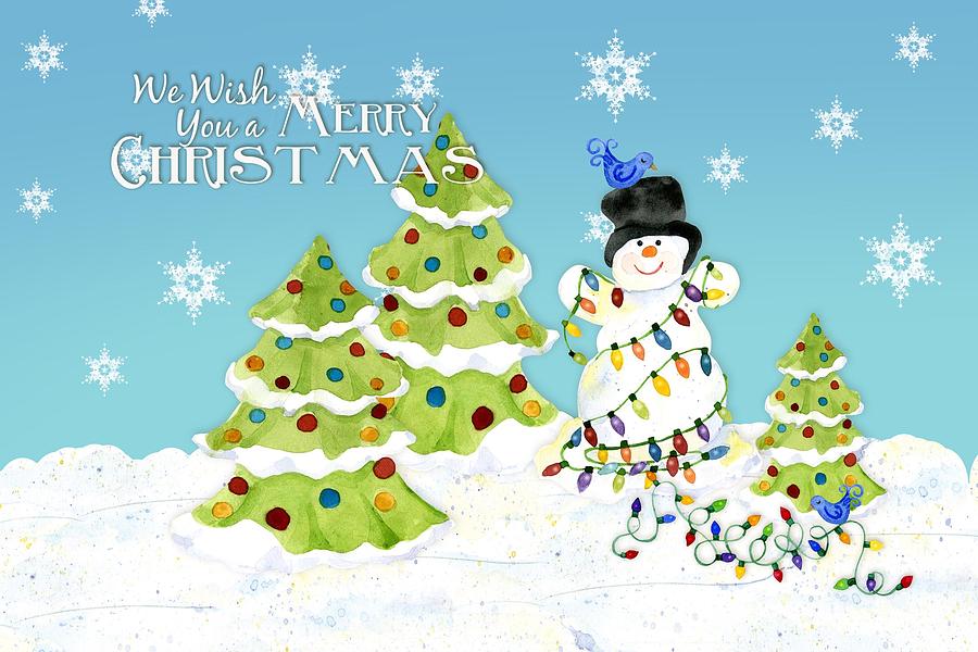 Merry Christmas Typography Snowman w Christmas Trees n Blue Birds Painting by Audrey Jeanne Roberts