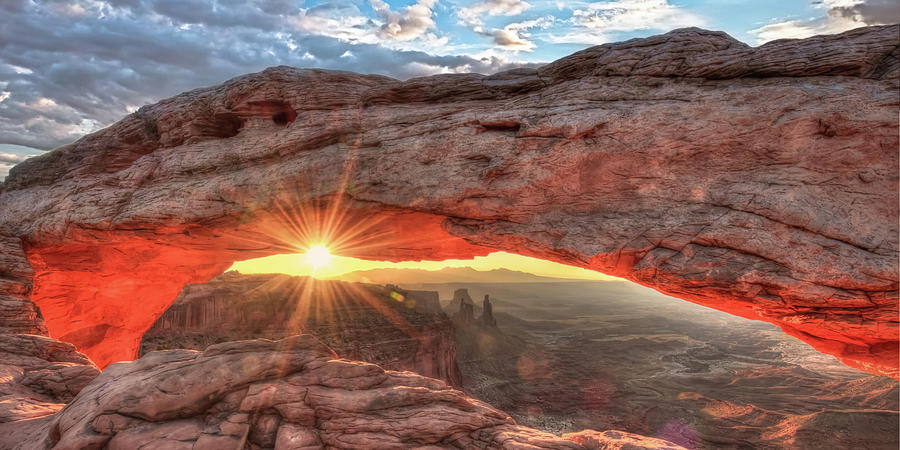 Nature Photograph - Mesa Arch Morning Sunrise Panorama Landscape by Gregory Ballos