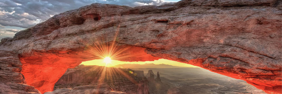 Nature Photograph - Mesa Arch Sunburst Panorama Landscape by Gregory Ballos