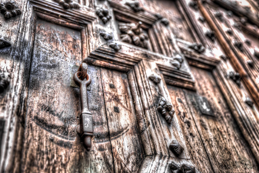 Metal door knocker on a heavy relief door Photograph by Semmick Photo