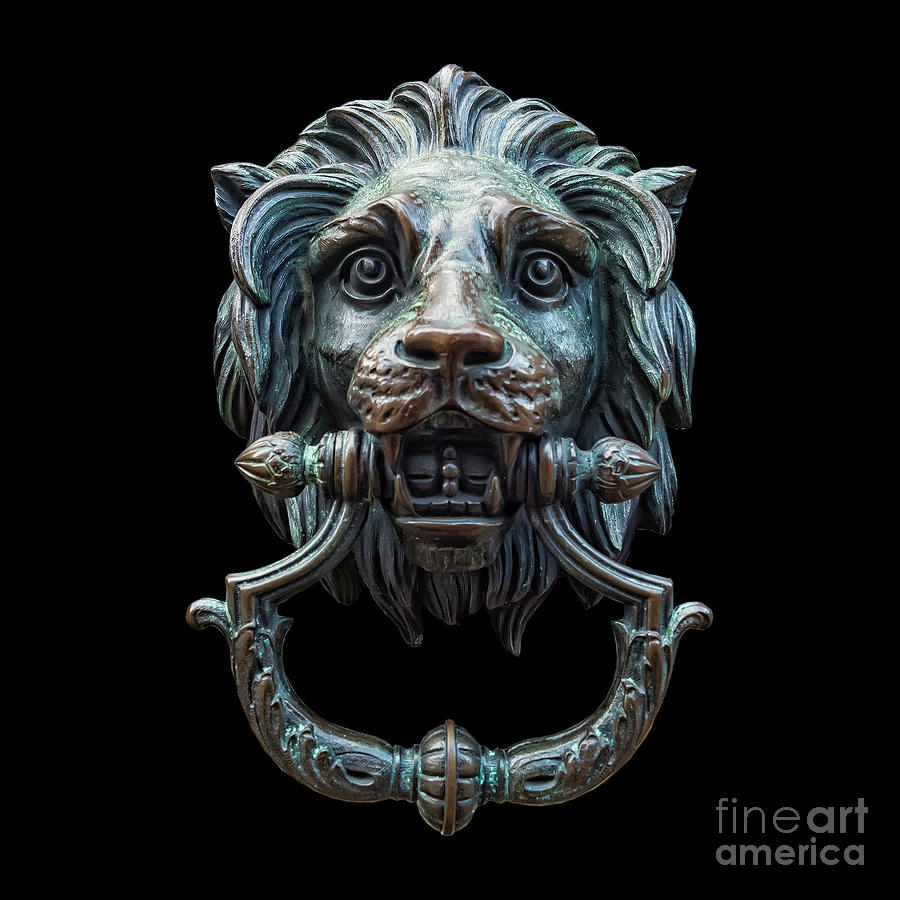 Metal Lion Head DoorKnocker Isolated Black Photograph by Antony McAulay