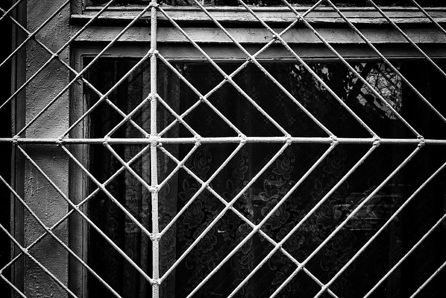 Metal Spider Web Windowframe in Monochrome Photograph by John Williams