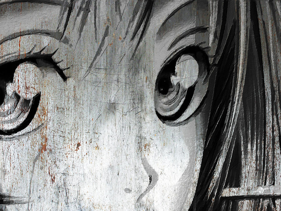 Metallic Anime Girl Eyes 2 Black And White Mixed Media by Tony Rubino