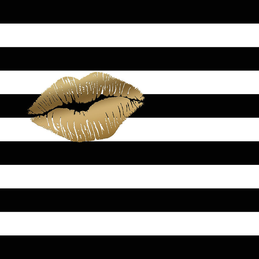 Metallic Gold Lips Black and White Stripes Painting by Georgeta Blanaru