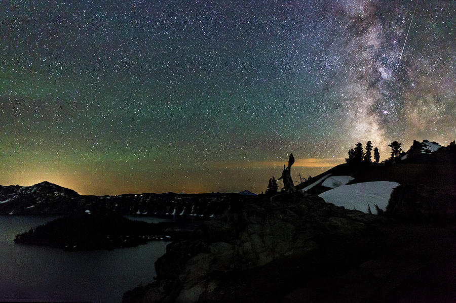 Meteor and Milky Way at Crater Lake Photograph by Cat Connor