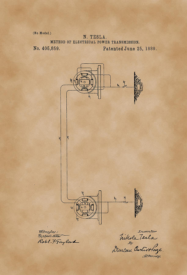 Method Of Electrical Transmissions Nikola Tesla Patent Drawing From 1889 Vintage Paper 0752