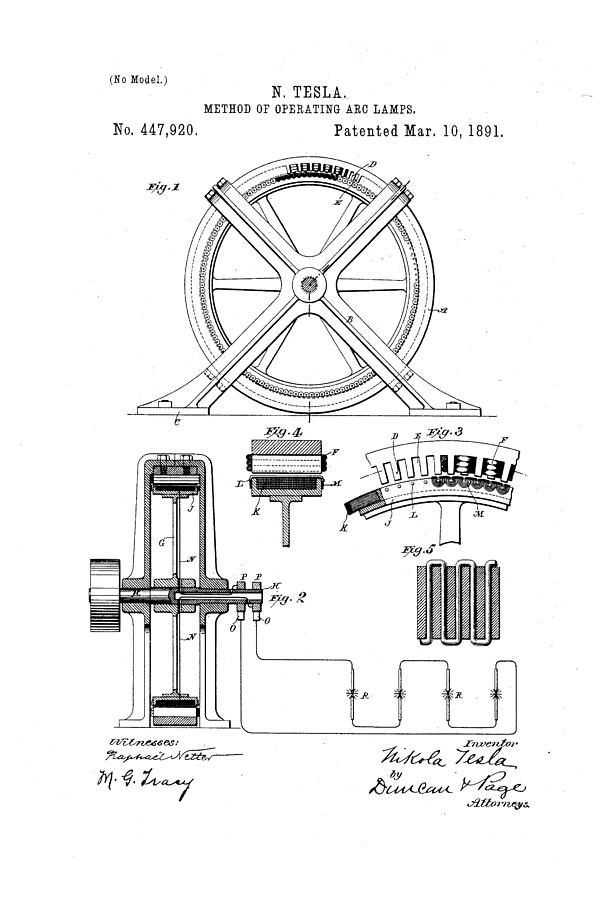 Method Of Operating Arc Lamps Nikola Tesla Patent Drawing From 1891