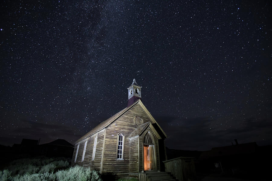 Methodist church exterior at night, Bodie, California Photograph by Karen Foley