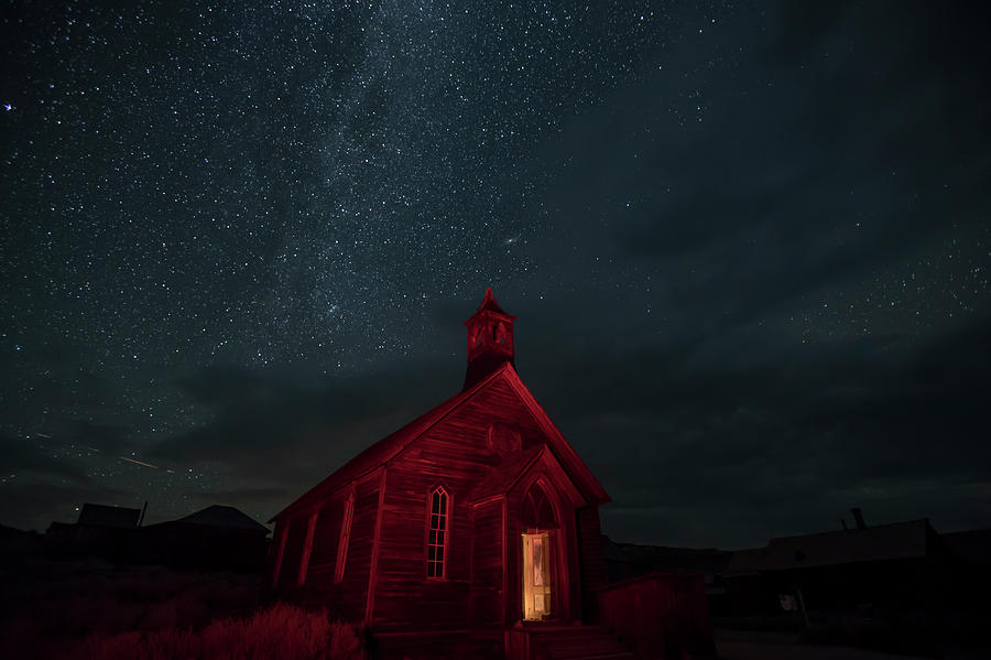 Methodist church in red against night skies, Bodie, California Photograph by Karen Foley