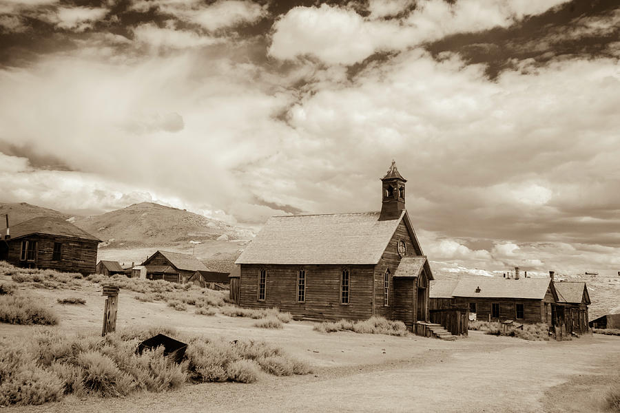 Methodist church on streets in Bodie, California in black and white Photograph by Karen Foley