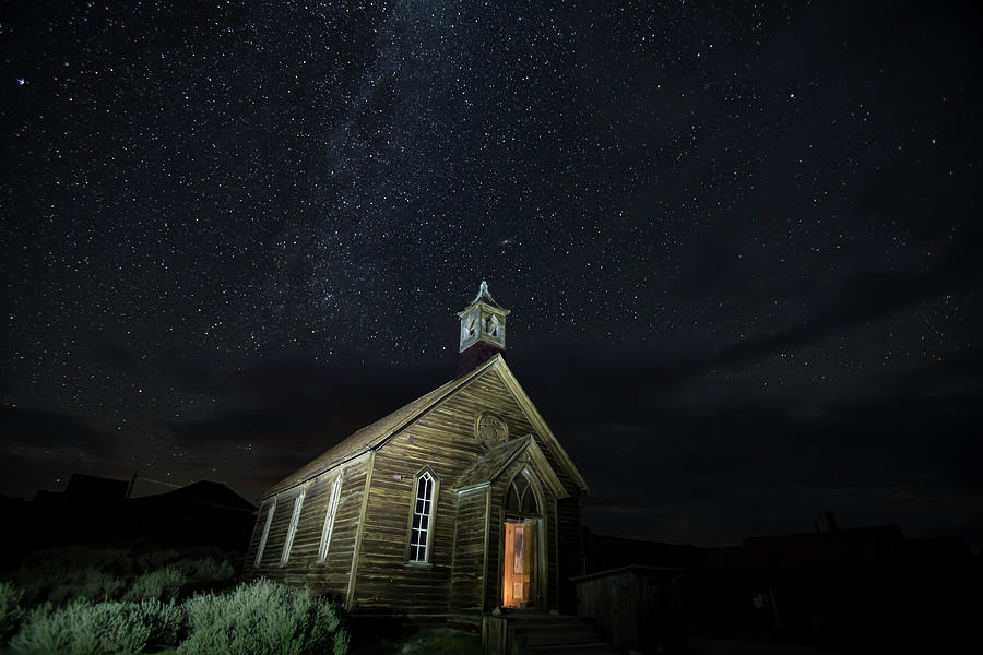 Methodist church with starry night skies, Bodie, California Photograph by Karen Foley