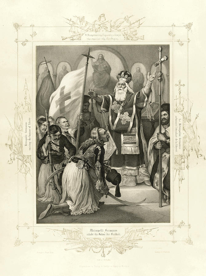 Metropolit Germanos raising the banner of Liberty Drawing by J B Kuhn after Peter von Hess