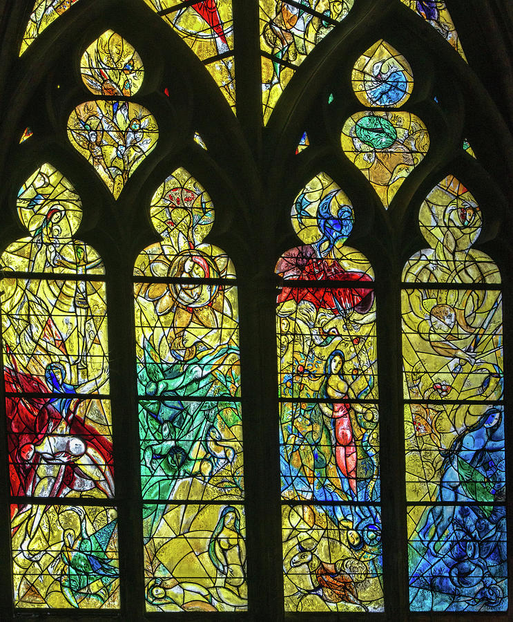 Metz Photograph - Metz, France cathedral, Marc Chagall stained glass window, yellow by Curt Rush