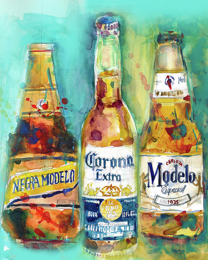 Beer Painting - Mexican Beer - Negra Modelo - Corona - Modelo Beers Print from Original Watercolor Great for Man Cav by Dorrie Rifkin