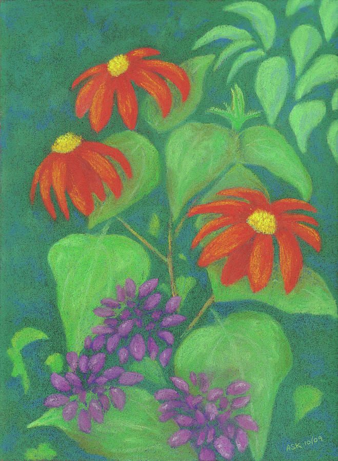 Mexican Sunflowers and Cleome Pastel by Anne Katzeff