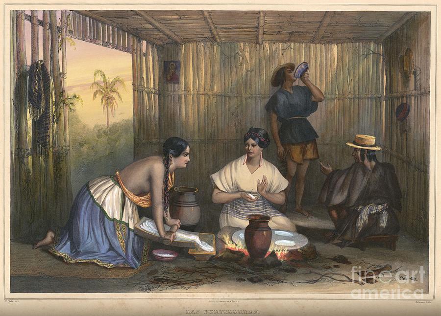 Mexican women grinding corn and making tortillas in Mexico Painting by Celestial Images