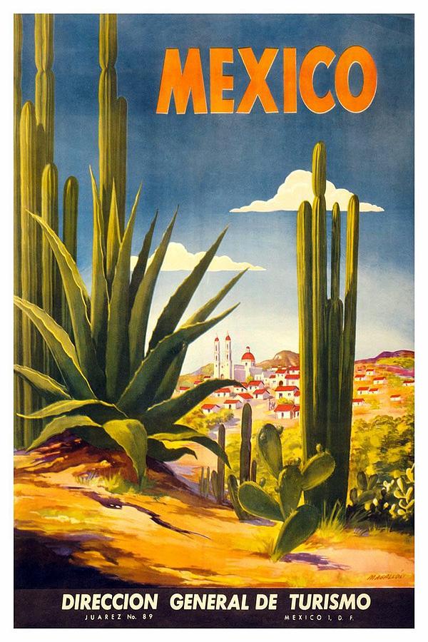 Mexico - Cactus With Mexican Village - Retro Travel Poster - Vintage Poster Mixed Media