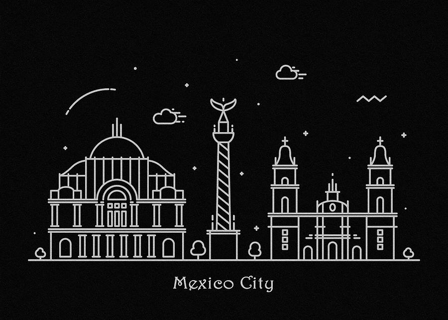 Black And White Drawing - Mexico City Skyline Travel Poster by Inspirowl Design