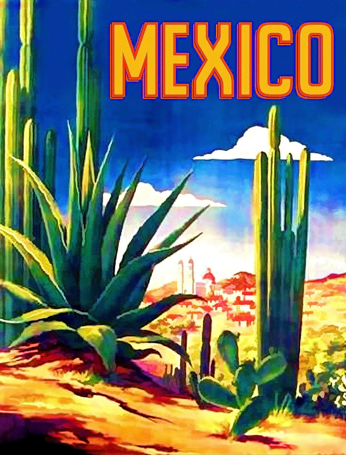 Mexico desert, cactus, vintage travel poster Painting by Long Shot