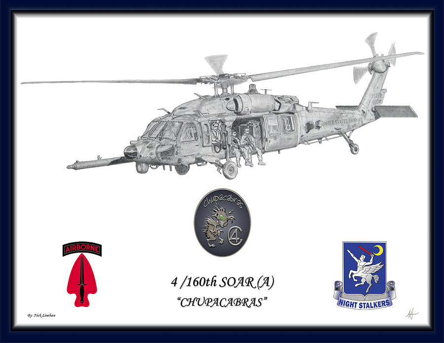Helicopter Drawing - MH60 Blue Border by Nicholas Linehan