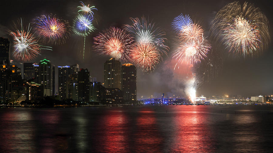 Skyline Photograph - Miami Fireworks by Lynn Palmer