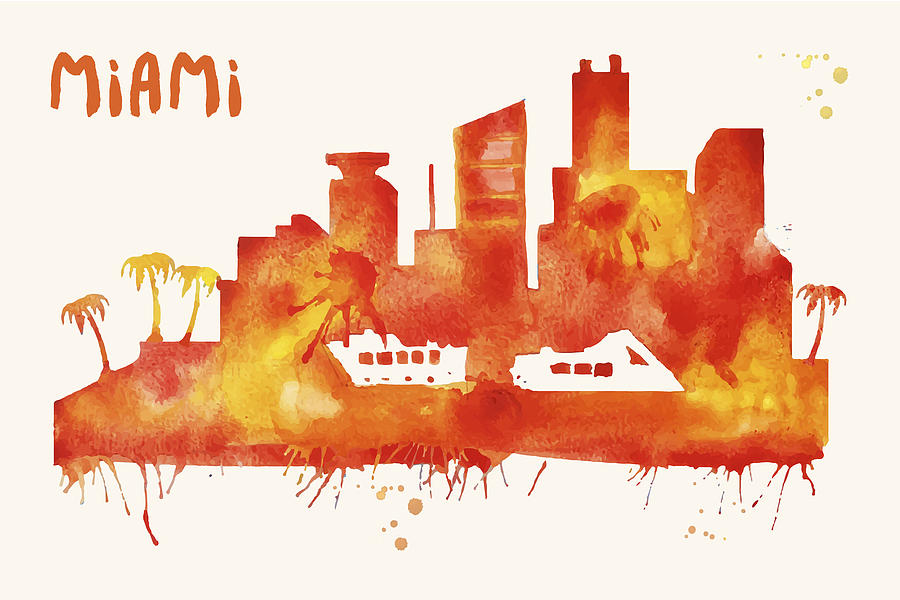 Miami Skyline Watercolor Poster - Cityscape Painting Artwork Painting by Beautify My Walls
