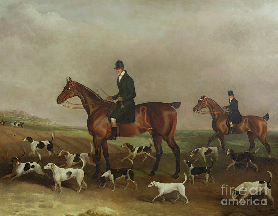 Michael Beverley with his Whipper in and Harriers Painting by Edwin W Cooper