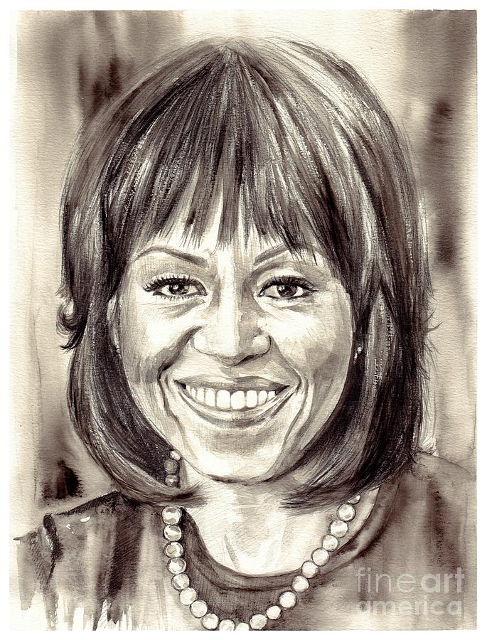 Black And White Painting - Michelle Obama watercolor portrait by Suzann Sines