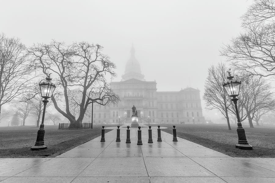 Michigan Capitol Foggy Morning with lights Photograph by John McGraw