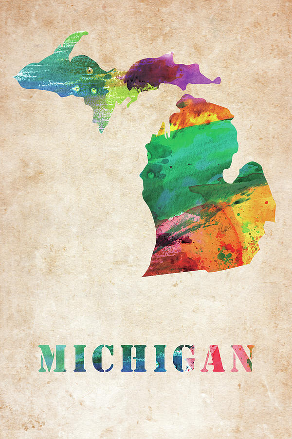 Michigan colorful watercolor map Digital Art by Mihaela Pater - Pixels