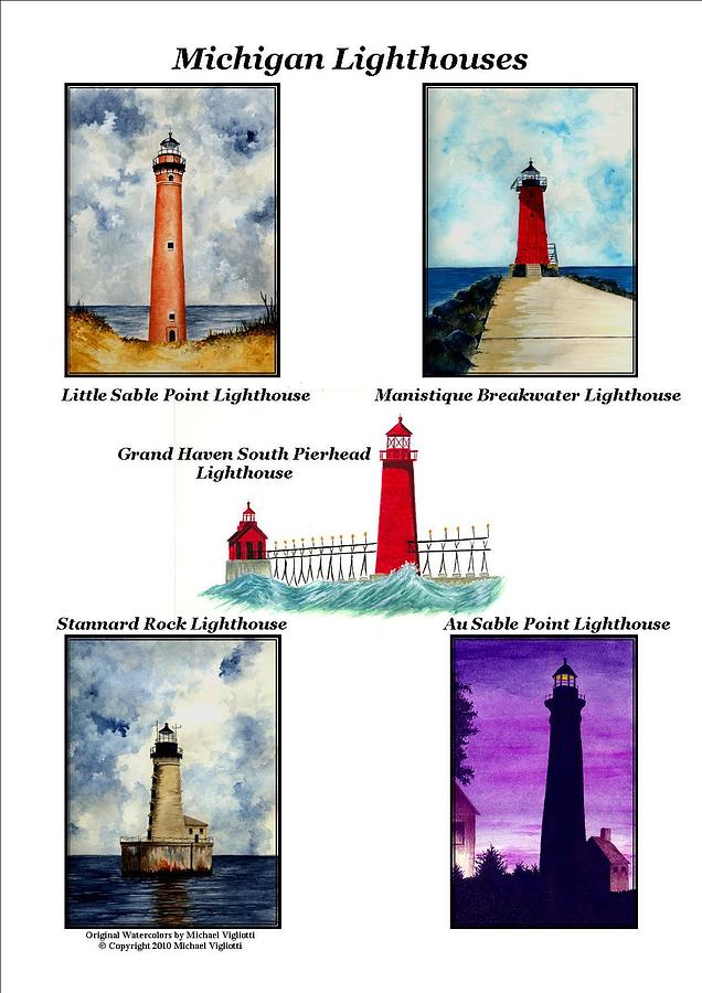 Lighthouse Painting - Michigan Lighthouses Montage by Michael Vigliotti